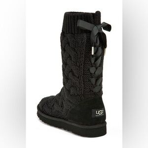 UGG “Blythe” Black Cable Knit Boots with Ribbon Accent
